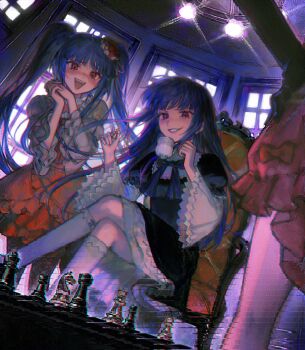 Rule 34 | 3girls, bishop (chess), black dress, black gloves, blue bow, blue hair, blue ribbon, blunt bangs, board game, bow, cat tail, chair, chess, chess piece, chessboard, choker, chromatic aberration, commentary request, cup, dress, flower, frederica bernkastel, frilled skirt, frills, furudo erika, gloves, hair flower, hair ornament, hand on own hip, hat, highres, holding, holding chess piece, king (chess), kkuang, kneehighs, knight (chess), lambdadelta, long hair, mug, multiple girls, on chair, open mouth, pantyhose, pawn (chess), pink bow, pink dress, playing chess, red bow, red eyes, ribbon, rook (chess), rose, scanlines, sitting, skirt, smile, socks, tail, twintails, umineko no naku koro ni, white socks, window