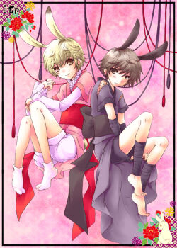 Rule 34 | 2boys, animal ears, blonde hair, brown eyes, brown hair, frills, fruits basket, japanese clothes, jewelry, multiple boys, muu, ring, smile, sohma hiro, sohma momiji