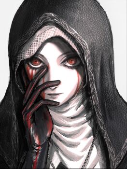 1girl black_gloves black_hood blood blood_on_arm blood_on_clothes blood_on_face coif commentary elden_ring elden_ring_nightreign english_commentary gloves hand_on_own_face highres looking_at_viewer nun pale_skin parted_lips portrait rashuu red_eyes solo spot_color undertaker_(elden_ring) white_background