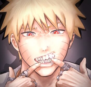 Rule 34 | 1boy, alternate costume, artist name, bleeehrghw, blonde hair, blue eyes, commentary, downturned eyes, drop shadow, english commentary, eyebrow piercing, face piercing, facial mark, fingers to mouth, furrowed brow, glint, grills, hashtag-only commentary, highres, ibispaint (medium), jewelry, lip piercing, male focus, multiple rings, naruto (series), nose piercing, ornate ring, piercing, portrait, red-eye effect, ring, shirt, silver ring, skull ring, solo, spotlight, teeth, uzumaki naruto, vignetting, whisker markings, white shirt