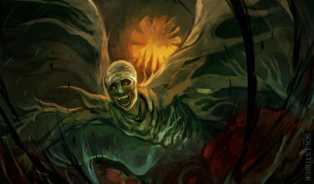 Rule 34 | 1boy, absurdres, bald, bloodborne, commentary, english commentary, highres, holding, holding weapon, in-universe location, inktober, male focus, open mouth, orphan of kos, solo, standing, temmaru1, weapon, wings