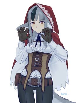 1girl animal_ears belt black_hair black_pants brown_belt brown_corset brown_gloves cape commentary corset cowboy_shot fire_emblem fire_emblem_fates gloves grey_hair grey_tail hands_up herdwicoco highres hood hood_up hooded_cape long_sleeves looking_at_viewer multicolored_hair nintendo pants red_hood simple_background solo tail two-tone_hair velouria_(fire_emblem) white_background wolf_ears wolf_girl wolf_tail