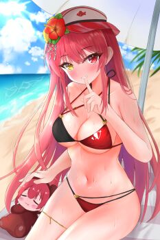 Rule 34 | 2girls, absurdres, beach, beach umbrella, bikini, blue sky, breasts, cleavage, cloud, day, flower, grin, hair flower, hair ornament, heterochromia, highres, hololive, houshou kumarine, houshou marine, houshou marine (holonatsu paradise), index finger raised, large breasts, long hair, looking at viewer, mini person, minigirl, multiple girls, navel, nironiro (qlcfud), ocean, outdoors, red eyes, red flower, red hair, sky, smile, swimsuit, umbrella, very long hair, virtual youtuber, visor cap, wet, yellow eyes