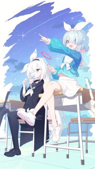 2girls absurdres arona_(blue_archive) black_choker black_coat black_eyes black_hairband black_pantyhose black_sailor_collar black_serafuku blue_archive blue_eyes blue_hair blue_halo blue_shirt bow_hairband braid choker coat colored_inner_hair food hair_over_one_eye hairband halo highres holding holding_food holding_popsicle loafers long_hair long_sleeves miniskirt multicolored_hair multiple_girls neckerchief pantyhose pink_hair plana_(blue_archive) popsicle red_halo red_pupils ribbon sailor_collar sasakura_momiji school_uniform serafuku shirt shoes short_hair single_braid sitting skirt sneakers very_long_hair white_hair white_hairband white_neckerchief white_ribbon white_sailor_collar white_skirt