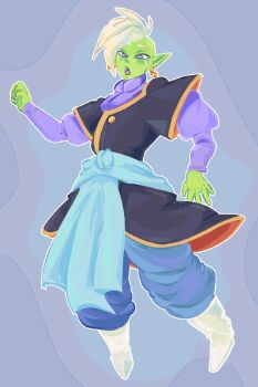 Rule 34 | 1boy, blue pants, blue sash, boots, cashmro, clenched hand, colored skin, dragon ball, dragon ball super, earrings, green skin, grey eyes, highres, jewelry, long sleeves, looking down, mohawk, open mouth, pants, pointy ears, potara earrings, purple shirt, sash, shirt, short hair, solo, white footwear, white hair, zamasu