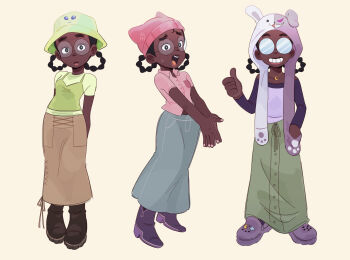 1girl animal_hat beanie black_hair boots cat_hat collared_shirt crocs danganronpa_(series) dark-skinned_female dark_skin denim denim_skirt eyelashes glasses hat highres i_don't_want_to_be_a_magical_girl jewelry kiana_mai lips long_skirt long_sleeves multi-tied_hair necklace official_alternate_costume open_mouth rabbit_hat round_eyewear shirt short_sleeves skirt smile sweat tank_top teeth thick_eyebrows upper_teeth_only very_dark_skin zira_(kiana_mai)