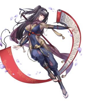 1girl attack black_eyes black_hair black_scarf bodystocking breasts cleavage covered_navel female_focus fire_emblem fire_emblem_awakening fire_emblem_heroes fishnet_bodystocking fishnets headband highres japanese_clothes large_breasts long_hair matching_hair/eyes navel ninja nintendo non-web_source official_alternate_costume official_art partially_shaded_face petals sandals scarf scroll smile solo sword sword_on_back tassel tharja_(fire_emblem) tharja_(ninja)_(fire_emblem) toes two_side_up weapon weapon_on_back