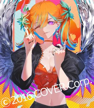 1girl :p abstract_background alternate_costume aqua_hair aqua_streaks belt black_jacket black_nails black_skirt black_wings breasts bright_pupils choker cleavage closed_mouth collarbone commentary copyright_notice crop_top cropped_jacket cropped_leotard earrings english_commentary feathered_wings flower hair_flower hair_ornament hands_up hololive hololive_english huke index_finger_raised jacket jewelry leotard light_smile looking_at_viewer medium_breasts medium_eyebrows medium_hair merchandise_available midriff multicolored_hair multiple_rings navel nontraditional_playboy_bunny official_art one_eye_closed orange_belt orange_choker orange_hair orange_leotard purple_eyes purple_trim ring skirt solo takanashi_kiara tongue tongue_out twintails two-tone_hair upper_body virtual_youtuber white_pupils wings zipper