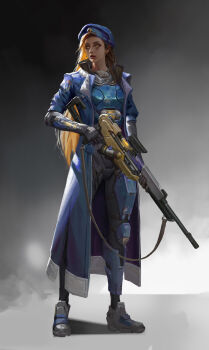 1girl absurdres ana_(overwatch) blue_shirt breasts brown_hair gradient_background grey_background gun highres holding holding_gun holding_weapon long_hair long_sleeves open_mouth overwatch red_lips shirt solo standing weapon yellow_eyes you_nisi_eunice