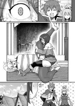 1boy 3girls ahegao aqua_(konosuba) bare_shoulders blush bound cape closed_eyes comic darkness_(konosuba) femdom interrupted kono_subarashii_sekai_ni_shukufuku_wo! long_hair lying megumin monochrome multiple_girls nenbuta panties pantyhose pillow polka_dot polka_dot_background rope satou_kazuma short_hair sweat thick_thighs thighs torn_clothes torn_pantyhose tribadism underwear velt yuri