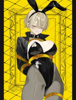 1girl animal_ear_hairband animal_ears arms_behind_back black_collar black_jacket black_leotard black_pantyhose blonde_hair breasts caution_tape closed_eyes closed_mouth collar commentary fake_animal_ears hairband highres jacket keep_out large_breasts leotard noah_200313 open_clothes open_jacket original pantyhose playboy_bunny short_hair solo strapless strapless_leotard symbol-only_commentary yellow_background