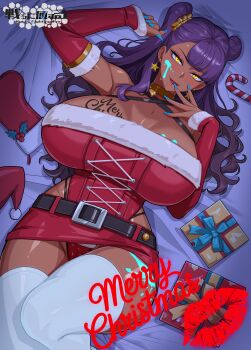 Rule 34 | 1girl, absurdres, adaku okoro, blunt bangs, candy, candy cane, clothing cutout, dark-skinned female, dark skin, detached sleeves, dress, f.b.w, food, fur-trimmed dress, fur trim, gift, highleg, highres, hip vent, lipstick mark, lying, merry christmas, miniskirt, on back, panties, purple hair, red skirt, santa costume, santa dress, skirt, solo, tatakau ni atai suru, thighhighs, underwear, white thighhighs, yellow eyes