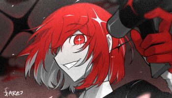 Rule 34 | + +, 1girl, absurdres, artist name, collared shirt, colored inner hair, commentary request, dare 1025, deadly madman's tragedia, diffraction spikes, earrings, film grain, floating hair, gloves, grin, half gloves, hand up, highres, holding, holding megaphone, jewelry, kasane teto, looking at viewer, megaphone, multicolored hair, portrait, red eyes, red gloves, red hair, shirt, short hair, sidelocks, sideways mouth, single earring, smile, solo, synthesizer v, utau