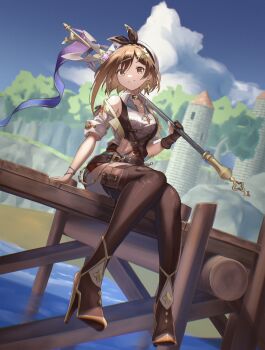 1girl atelier_(series) atelier_ryza atelier_ryza_3 beret bracelet braid breasts bridal_legwear brown_eyes brown_gloves brown_hair brown_vest choker cleavage clover_hair_ornament commentary crown_braid earrings floating_earrings gloves hair_ornament hat highres jewelry large_breasts leather leather_belt leather_gloves moitaartwork multiple_bracelets multiple_necklaces necklace red_shorts reisalin_stout short_hair short_shorts shorts single_glove smile solo star_(symbol) star_choker star_earrings star_necklace thighhighs vest white_hat x_hair_ornament