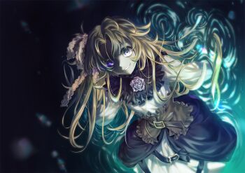 1girl belt blonde_hair brown_corset corset flower frilled_corset frills game_cg glowing glowing_eye kirame_kirai lisette_(pocket_mirror) multiple_belts non-web_source official_art one_side_up pocket_mirror purple_eyes purple_flower purple_rose rose