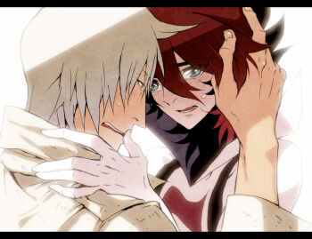 2boys akira-riku akoes backlighting blue_eyes blush bodysuit brown_hair casshern casshern_(series) casshern_sins commentary_request eyes_visible_through_hair grey_hair hair_between_eyes hand_on_another&#039;s_head letterboxed long_bangs looking_at_another lower_teeth_only male_focus multiple_boys open_mouth popped_collar short_hair simple_background teeth upper_body upper_teeth_only white_background white_bodysuit yaoi