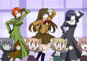 1boy 6+girls :3 animal_ears aozaki_aoko aozaki_touko black_dress black_eyes black_hair blonde_hair blue_eyes breasts brown_hair brown_shirt brown_skirt carnival_phantasm cat_ears cat_girl cat_tail chize closed_eyes dancing derivative_work dress green_dress grey_hair hair_between_eyes hair_intakes jacket kuonji_alice long_hair long_sleeves looking_at_viewer mahou_tsukai_no_yoru medium_breasts melty_blood multiple_girls neco-arc neco-arc_bubbles neco-arc_chaos neco-arc_destiny neco_spirit red_eyes red_hair reien_girl&#039;s_academy_school_uniform school_uniform screenshot_redraw shirt short_hair siblings sisters skirt smile super_affection sweater tail tsukihime type-moon