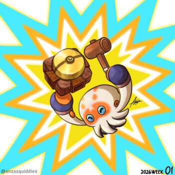 Rule 34 | anzart hanif, arms up, bell, clobbopus, closed eyes, commentary, dated, english commentary, full body, gen 8 pokemon, hammer, highres, holding, holding hammer, nintendo, no humans, poke ball theme, pokemon, pokemon (creature), pokemon focus, signature, solo, tentacles