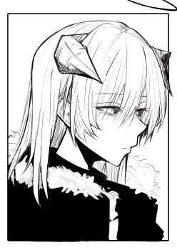 1girl arknights bags_under_eyes closed_mouth commentary empty_eyes exhausted eyes_visible_through_hair fur_trim greyscale ha_(huton_in_mach) hair_between_eyes hatching_(texture) highres horns linear_hatching looking_ahead medium_hair monochrome mostima_(arknights) profile solo thinking