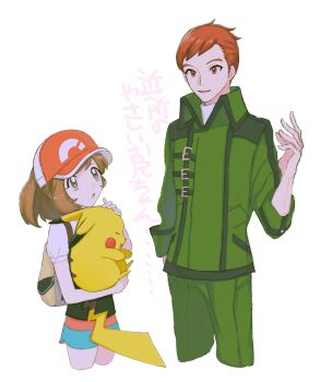 1boy 1girl 1other baseball_cap black_trim blue_shorts brown_bag brown_eyes brown_hair coach_trainer_(pokemon) coat commentary_request cowboy_shot elaine_(pokemon) facing_another gen_1_pokemon green_coat green_pants hand_on_another's_head hand_up hat high_collar highres holding holding_pokemon looking_at_another military_coat nintendo pants pikachu pokemon pokemon_(creature) pokemon_lgpe ponytail red_hat shirt shorts sidelocks sleeves_rolled_up translated white_background white_shirt zonbi4771