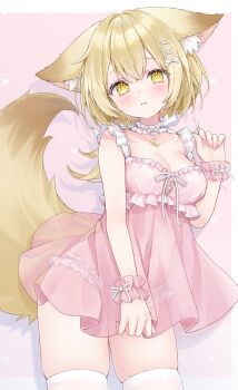 1girl animal_ears bare_shoulders blonde_hair blush bow breasts charm_(object) cleavage closed_mouth collarbone detached_collar dress hair_bow hair_ornament highres looking_at_viewer medium_breasts original panties pink_dress pink_panties see-through_clothes see-through_dress shano_hiyori short_hair simple_background solo stomach tail thighhighs underwear white_thighhighs wrist_cuffs yellow_eyes