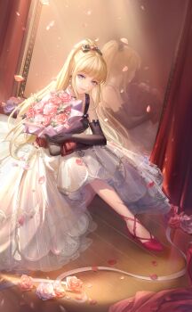 1girl arm_bow artist_request black_bow black_dress black_gloves blonde_hair blue_eyes blunt_bangs bow curtains dress earrings elbow_gloves flower footwear_ribbon frilled_dress frills full_body game_cg gloves hair_bow hair_flower hair_ornament happy high_heels high_ponytail highres indoors jewelry liese's_dress_(shining_nikki) light_particles long_dress long_hair looking_at_viewer nikki_(series) official_art open_mouth petals pink_flower pink_rose pleated_dress ponytail pumps red_flower red_ribbon red_shoes reflection ribbon rose rose_petals serena_(shining_nikki) shining_nikki shoes sidelocks sitting sleeveless sleeveless_dress smile solo sphere_earrings spotlight stage two-tone_dress very_long_hair white_dress