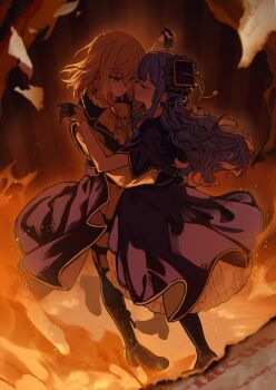 2girls absurdres arm_behind_another's_back ascot bang_dream! bang_dream!_it's_mygo!!!!! black_bow black_gloves boots bow bowtie brooch burning burning_paper capelet closed_mouth coat collared_shirt commentary crossed_bangs dancing face-to-face fire floating floating_clothes floating_hair frilled_skirt frills full_body garter_straps gloves hachibousei_dance_(bang_dream!) hair_bow hair_ribbon hand_up hands_up hat highres holding_hands interlocked_fingers jewelry lapels long_hair long_sidelocks long_sleeves looking_at_another medium_hair misumi_uika multiple_girls neck_tassel official_alternate_costume ribbon shirt sidelocks skirt smile striped_bow tassel thighhighs togawa_sakiko translated usamin_(megumikira) warm_colored