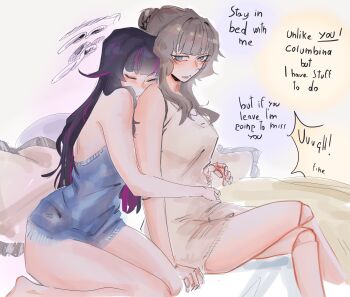 Rule 34 | 2girls, absurdres, black hair, blue camisole, blue eyes, camisole, closed eyes, columbina (genshin impact), commentary, cushion, doll joints, dress, english commentary, english text, genshin impact, grey hair, highres, hug, hug from behind, joints, kneeling, multiple girls, parted lips, purple streaks, sandrone (genshin impact), sitting, speech bubble, tibetanyakart, white dress, yuri