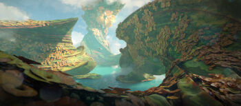 absurdres blue_sky cloud cloudy_sky commentary english_commentary felixriano flower giant_tree highres landscape leaf light_rays no_humans orange_flower original painterly plant scenery science_fiction sky spacecraft tree vines water