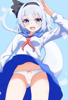 1girl absurdres black_hairband blue_eyes blue_sailor_collar blue_skirt blush bow bow_panties breasts clothes_lift commentary_request grey_hair hairband highres hitodama konpaku_youmu konpaku_youmu_(ghost) medium_hair open_mouth panties pantyshot sailor_collar shirt skirt skirt_lift small_breasts smile solo touhou underwear urauraurau16439 white_panties white_shirt wind wind_lift