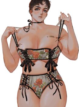 1girl absurdres armpit_crease bad_id bad_twitter_id black_ribbon blue_eyes blush bow bow_bra bra breast_tattoo breasts brown_hair choker cleavage cowboy_shot curtained_hair expressionless floral_print flower frown groin hands_up high-waist_panties highres large_breasts lingerie looking_at_viewer original panties parted_bangs plump red_flower red_rose ribbon ribbon_choker rora_(auroradiation) rose rose_print short_hair simple_background skindentation solo straight-on strap_pull striped_bra striped_clothes striped_panties tattoo terminator_(series) tia_(auroradiation) underboob underwear vertical-striped_bra vertical-striped_clothes vertical-striped_panties very_short_hair white_background