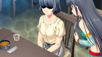 10s 2girls black_eyes black_hair blush chair character_request fukami_nagisa game_cg highres koutaro long_hair multiple_girls short_hair table tropical_kiss tropical_vacation twinkle_(company)