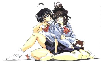 1990s_(style) antenna_hair ascot between_legs black_eyes black_hair black_shirt blush brown_eyes brown_hair hair_ribbon hand_between_legs hand_on_own_arm high_ponytail hodaka_yutsuki knee_up long_sleeves looking_at_viewer mizutani_nao_(revive...) no_shoes non-web_source official_art one_eye_closed pleated_skirt ponytail red_ascot retro_artstyle revive... ribbon round_eyewear school_uniform semi-rimless_eyewear shirt short_sleeves simple_background sitting skirt smile socks stuffed_animal stuffed_toy teddy_bear thighhighs umetsu_yukinori wariza white_background yellow_thighhighs