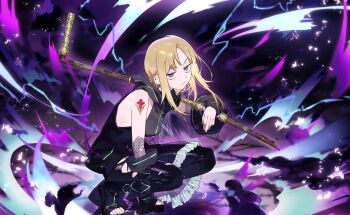 1girl artist_request bare_shoulders black_arm_warmers black_boots black_jacket black_pantyhose black_skirt black_wrist_cuffs blonde_hair boots chain closed_mouth cross ear_piercing earrings electricity expressionless floating_hair frilled_skirt frills full_body game_cg gem highres holding holding_lead_pipe hood hood_down hooded_jacket hoop_earrings jacket jewelry jitome lace_arm_warmers lead_pipe light_frown long_hair magia_record:_mahou_shoujo_madoka_magica_gaiden magical_girl mahou_shoujo_madoka_magica mahou_shoujo_madoka_magica_magia_exedra miniskirt official_art open-toe_boots outline over_shoulder pantyhose piercing pleated_skirt purple_eyes purple_outline red_gemstone sidelocks skirt sleeveless sleeveless_jacket solo squatting storm third-party_source toes torn_arm_warmers torn_clothes torn_pantyhose two-sided_fabric two-sided_skirt weapon weapon_over_shoulder wrist_cuffs yukino_kanae zipper