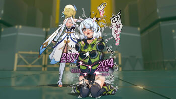 2girls after_fingering anby_demara arm_up bike_shorts bike_shorts_under_skirt blonde_hair blurry blurry_background blush commentary_request company_connection covering_crotch covering_privates crossover crying crying_with_eyes_open damage_numbers dress empty_eyes facing_away female_ejaculation female_orgasm fingerless_gloves full_body furrowed_brow game_screenshot_background gameplay_mechanics genshin_impact gloves heart highres jacket kneeling legs_apart lucifina_006 lumine_(genshin_impact) medium_hair mihoyo multiple_girls nose_blush open_mouth orgasm outstretched_arm parted_bangs pussy_juice pussy_juice_on_fingers scarf screenshot_background short_hair skirt standing tears thighhighs trembling user_interface white_hair yellow_eyes yuri zenless_zone_zero