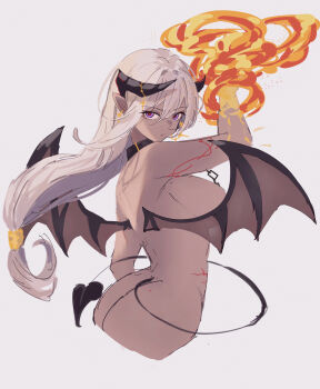 1girl absurdres arm_up ass breasts censored_nipples closed_mouth collar convenient_censoring dafenpipixia demon_girl demon_horns demon_tail demon_wings fire from_side grey_background grey_hair highres horns large_breasts long_hair looking_at_viewer looking_to_the_side low-tied_long_hair original purple_eyes pyrokinesis simple_background solo tail upper_body very_long_hair wings