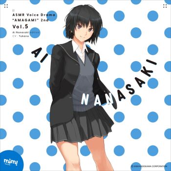 1girl amagami black_eyes black_hair black_jacket black_sailor_collar blazer character_name clenched_teeth collared_shirt company_name copyright_name copyright_notice grey_skirt grey_sweater highres jacket kibito_high_school_uniform long_sleeves looking_at_viewer merchandise_available nanasaki_ai official_art pleated_skirt polka_dot polka_dot_background sailor_collar school_uniform shirt short_hair skirt solo standing sweater takayama_kisai teeth white_shirt yukana