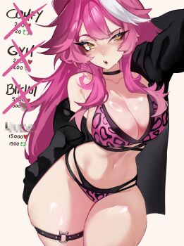 1girl absurdres animal_ears arm_up bikini black_choker black_jacket breasts cat_ears cat_girl choker cleavage commentary english_commentary highres hololive hololive_english jacket large_breasts long_hair looking_at_viewer multicolored_hair o-ring o-ring_thigh_strap pink_bikini pink_hair raora_panthera raora_panthera_(holonatsu_paradise) streaked_hair suliavtuber swimsuit thigh_strap very_long_hair virtual_youtuber white_streaks yellow_eyes