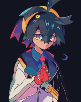 1boy black_hair blue_shirt closed_mouth collared_shirt commentary_request crossed_bangs eyelashes gloves hair_between_eyes hairband highres kieran_(pokemon) long_sleeves looking_at_viewer male_focus mizuki_tsukimori mole mole_on_neck necktie nintendo orange_eyes pokemon pokemon_sv red_gloves red_necktie shirt short_hair simple_background solo upper_body yellow_hairband