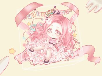 1girl :o absurdres animated animated_gif bare_shoulders birthday black_choker black_shoes blinking bow box brown_eyes chibi chinese_commentary choker colorful_cake_tower_(shining_nikki) commentary_request crown cupcake dress eyelashes food food-themed_hair_ornament forehead fork garland_(decoration) gold_crown gown hair_ornament hair_ribbon happy_birthday heart heart_necklace highres in_box in_container jewelry knife light_blush long_dress long_hair looking_at_viewer looping_animation mini_crown mole necklace nikki_(nikki) nikki_(series) parted_lips pink_bow pink_dress pink_hair pink_ribbon pleated_dress ribbon shining_nikki shoes sidelocks sleeveless sleeveless_dress solo star_(symbol) string_of_light_bulbs tareme very_long_hair wavy_hair wrist_bow xiaoyu_qixing yellow_background