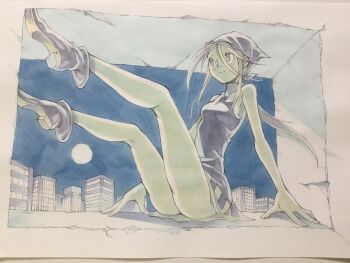 1girl bare_arms bare_legs black_dress black_eyes black_headscarf black_shoes blacks_(manga) blonde_hair city closed_mouth commentary_request dress feet_up full_body full_moon hair_between_eyes headscarf highres long_hair mare_(blacks) moon night outdoors peter_salt ponytail shoes short_dress sitting smile solo thighs traditional_media