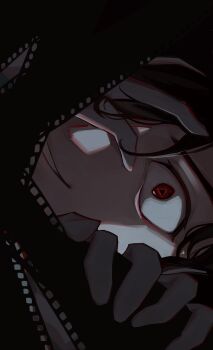 1boy absurdres black_gloves close-up commentary english_commentary film_strip gloves grin hand_over_eye highres honkai:_star_rail honkai_(series) male_focus mr._reca_(honkai:_star_rail) portrait red_eyes shorelightss smile solo symbol-shaped_pupils triangle-shaped_pupils