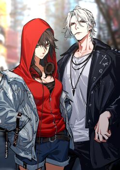 1boy 1girl aohitsugi_samatoki black_hair black_jacket black_pants black_shirt blue_shorts breasts clenched_hand closed_mouth commentary ear_piercing earrings english_text genderswap genderswap_(mtf) green_eyes hair_between_eyes hands_in_pockets headphones headphones_around_neck heterochromia highres hood hood_up hoodie hypnosis_mic jacket jewelry leather leather_jacket lighting_cigarette looking_at_viewer medium_breasts medium_hair mole mole_under_eye necklace niarwol open_clothes open_jacket pants piercing red_eyes red_hoodie shirt shorts standing symbol-only_commentary teeth white_hair white_jacket white_shirt yamada_ichiro