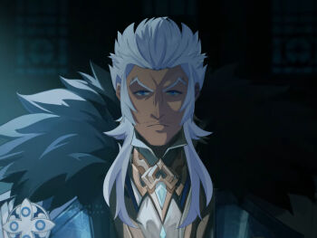 Rule 34 | 1boy, blue eyes, cape, catovyen, classicaloid, closed mouth, commentary, english commentary, expressionless, facial hair, grey hair, highres, indoors, johann sebastian bach (classicaloid), long hair, looking at viewer, male focus, mustache stubble, solo, sparse stubble, straight-on, stubble, upper body, white hair