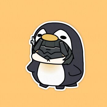 1girl :< animal_costume animated animated_gif arknights arknights:_endfield black_hair chibi chibi_only commentary endministrator_(arknights) female_endministrator_(arknights) mask penguin_costume sechi_(sechihyeo) short_hair solo symbol-only_commentary yellow_background