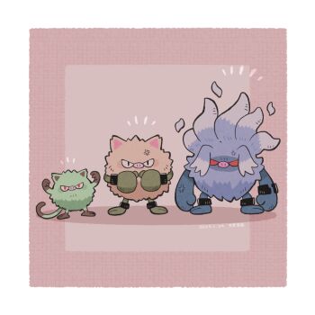 Rule 34 | alternate color, anger vein, angry, annihilape, arms at sides, boxing gloves, dated, evolutionary line, flexing, full body, gen 1 pokemon, karin (100100), mankey, nintendo, no humans, pokemon, pokemon (creature), primeape, purple background, red eyes, shiny pokemon, signature