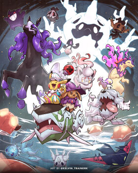 :d afloat balloon basculegion basculegion_(female) closed_eyes clothed_pokemon commentary cursola dragapult duskull eevee frillish frillish_(male) galarian_corsola galarian_form galarian_yamask gen_1_pokemon gen_3_pokemon gen_5_pokemon gen_6_pokemon gen_8_pokemon gengar greavard grin halloween hat highres hisuian_typhlosion hisuian_zorua holding holding_string kelvin-trainerk nintendo no_humans open_mouth phantump pikachu pokemon pokemon_(creature) pumpkaboo red_eyes riding riding_pokemon sitting smile spectrier string teeth tongue twitter_username water watermark white_headwear yamask
