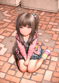 1girl artist_name badge bag between_legs blurry brick brick_floor brown_eyes brown_hair button_badge circle_name closed_mouth clothes_writing commentary_request day depth_of_field from_above full_body grey_shirt grey_skirt hair_bobbles hair_ornament hand_between_legs handbag heart highres hood hood_down hooded_jacket jacket jojifuku layered_skirt leg_warmers loli long_hair long_sleeves looking_at_viewer looking_up miniskirt one_side_up open_clothes open_jacket original outdoors partial_commentary pavement pee peeing peeing_self pink_jacket pink_shoes puddle rustle shirt shoes sitting skirt sneakers solo star_(symbol) straight_hair tears union_jack v-neck v_arms wariza yellow_leg_warmers yellow_legwear zipper