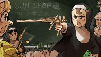 4girls banana bird blonde_hair blue_eyes brown_eyes brown_hair chalkboard chicken clumsy_nun_(diva) commentary diva_(hyxpk) duck english_commentary eyewear_on_head food freckles frog_headband froggy_nun_(diva) fruit grey_hair highres improvised_weapon little_nuns_(diva) multiple_girls nun ostrich rubber_band rubber_band_gun sheep_nun_(diva) spicy_nun_(diva) sunglasses sweat traditional_nun triangle_mouth