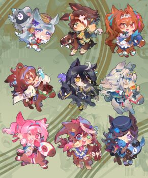 &gt;_&lt; 6+girls agnes_tachyon_(racehorse) agnes_tachyon_(tach-nology)_(umamusume) agnes_tachyon_(umamusume) ahoge animal_ears arm_up armband ascot black_coat black_hair black_horse black_jacket black_necktie black_pantyhose black_shorts black_thighhighs blue_dress blue_eyes blue_flower blue_hat blue_jacket blue_overalls blue_rose blue_sailor_collar blue_skirt blunt_bangs blush boots bow bowtie breasts bridle brown_eyes brown_hair brown_hat brown_horse cape carrot carrying center_frills chibi closed_eyes closed_mouth coat coffee_mug collared_shirt creature_and_personification crop_top cup dagger daiwa_major_(racehorse) daiwa_scarlet_(peak_blue)_(umamusume) daiwa_scarlet_(umamusume) dress ear_bow ear_covers ear_ornament ear_ribbon ear_tag earrings epaulettes fang fascinator flipped_hair flower flower-shaped_pupils flower_in_eye food_in_mouth framed_breasts frills fur_choker gloves gold_ship_(racehorse) gold_ship_(red_strife)_(umamusume) gold_ship_(umamusume) grey_hair grey_tail hair_between_eyes hair_intakes hair_ornament hair_over_one_eye hairband haru_urara_(casual)_(umamusume) haru_urara_(racehorse) haru_urara_(umamusume) hat hat_flower headband high_ponytail highres holding holding_cup holding_test_tube horse horse_ears horse_girl horse_mask horse_tail horseback_riding huge_ahoge jacket jewelry knife lab_coat large_breasts layered_skirt leggings long_bangs long_hair long_hair_between_eyes long_sleeves looking_at_viewer manhattan_cafe_(creeping_black)_(umamusume) manhattan_cafe_(racehorse) manhattan_cafe_(umamusume) mask medium_hair midriff mug multicolored_hair multicolored_jacket multiple_girls neckerchief necktie nova_borealis off-shoulder_dress off_shoulder oguri_cap_(racehorse) oguri_cap_(starlight_beat)_(umamusume) oguri_cap_(umamusume) open_mouth overall_shorts overalls pantyhose personification piggyback pillbox_hat pink_ascot pink_cape pink_eyes pink_hair pink_headband pink_shirt ponytail purple_bow purple_eyes red_bow red_bowtie red_cape red_dress red_eyes red_headband red_neckerchief rice_shower_(racehorse) rice_shower_(rosy_dreams)_(umamusume) rice_shower_(umamusume) riding role_reversal rose saddle sailor_collar sheath sheathed shirt shoes short_necktie short_sleeves shorts single_earring single_epaulette skin_fang skirt sleeveless sleeveless_dress sleeves_past_fingers sleeves_past_wrists smile star_(symbol) star_in_eye streaked_hair striped_armband striped_clothes sweater sweater_vest symbol-shaped_pupils symbol_in_eye tail teeth test_tube thighhighs tiara tilted_headwear tokai_teio_(peak_joy)_(umamusume) tokai_teio_(racehorse) tokai_teio_(umamusume) tongue tongue_out twintails two-tone_hair two-tone_jacket two-tone_skirt umamusume upper_teeth_only very_long_hair vodka_(racehorse) vodka_(umamusume) vodka_(wild_top_gear)_(umamusume) weapon white_boots white_coat white_gloves white_hair white_jacket white_leggings white_pantyhose white_shirt white_skirt wolf_cut yellow_eyes yellow_necktie yellow_sweater yellow_sweater_vest